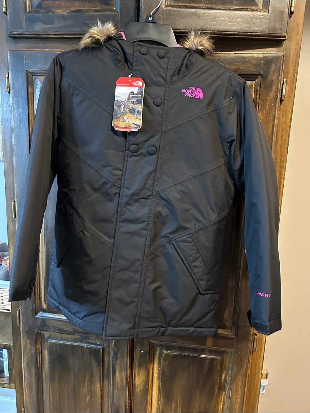 North Face Girls' Black Coat with Pink Logo and Faux-Fur Hood Trim